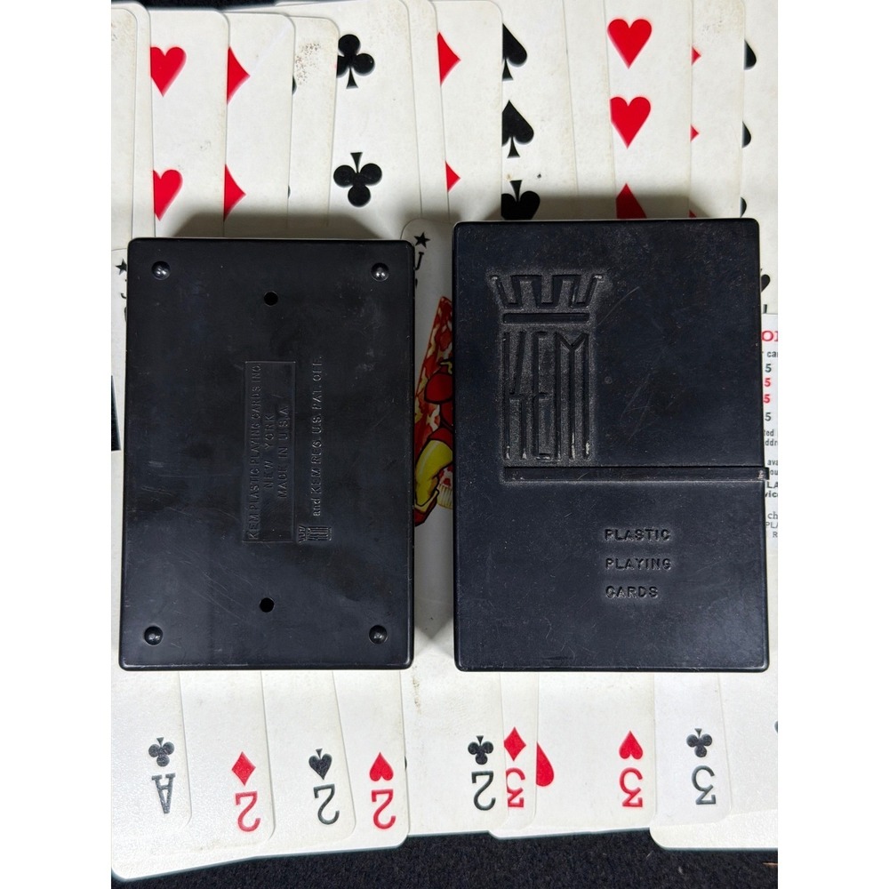 Vintage‎ KEM Plastic Playing Cards. Blue Brown Scroll Design with Black Case